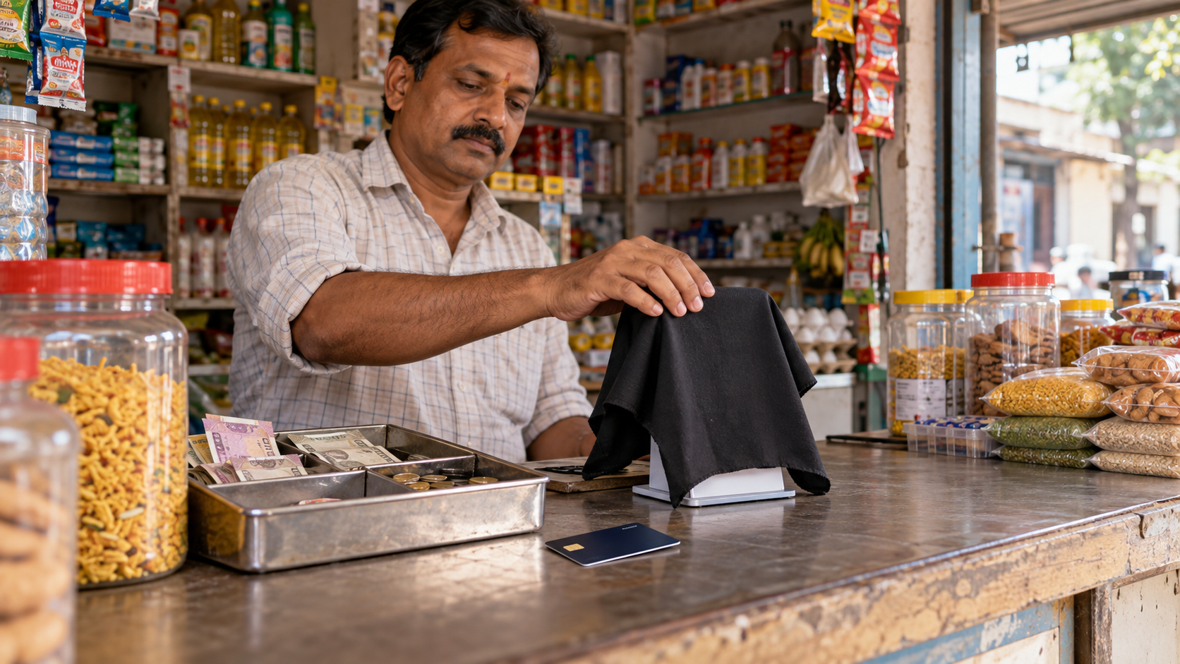 インドの小売店でQR決済端末に黒い布をかけ、現金とカードを用意した様子を表すAI生成イメージ